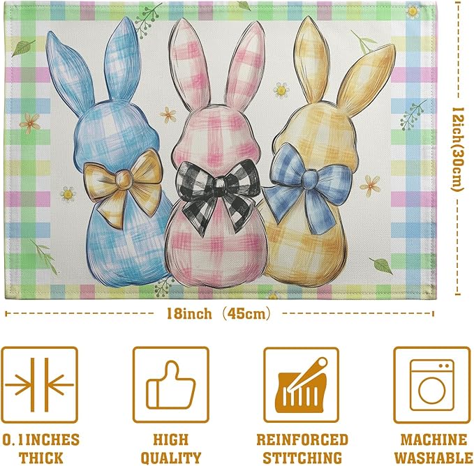 Easter Bunny Placemats Set of 4 Green Blue Pink Yellow Buffalo Plaid Rabbits - Image 4