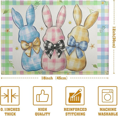 Easter Bunny Placemats Set of 4 Green Blue Pink Yellow Buffalo Plaid Rabbits - Image 4