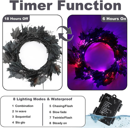 9 FT 72 LED Willow Vine Twig Decor Black Halloween Garland with Orange & Purple Lights, 8 Modes & Timer Waterproof Battery Operated for Home Fireplace Mantle Wall Office Indoor Halloween Decorations