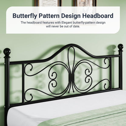 allewie metal queen platform bed frame, butterfly pattern showing dimensions