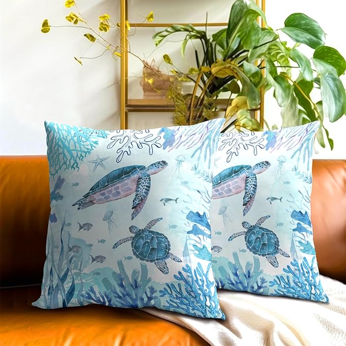 Set of 2 Sea Turtle Throw Pillow Cover 20x20 inch Nautical Coastal Ocean Coral - Image 7