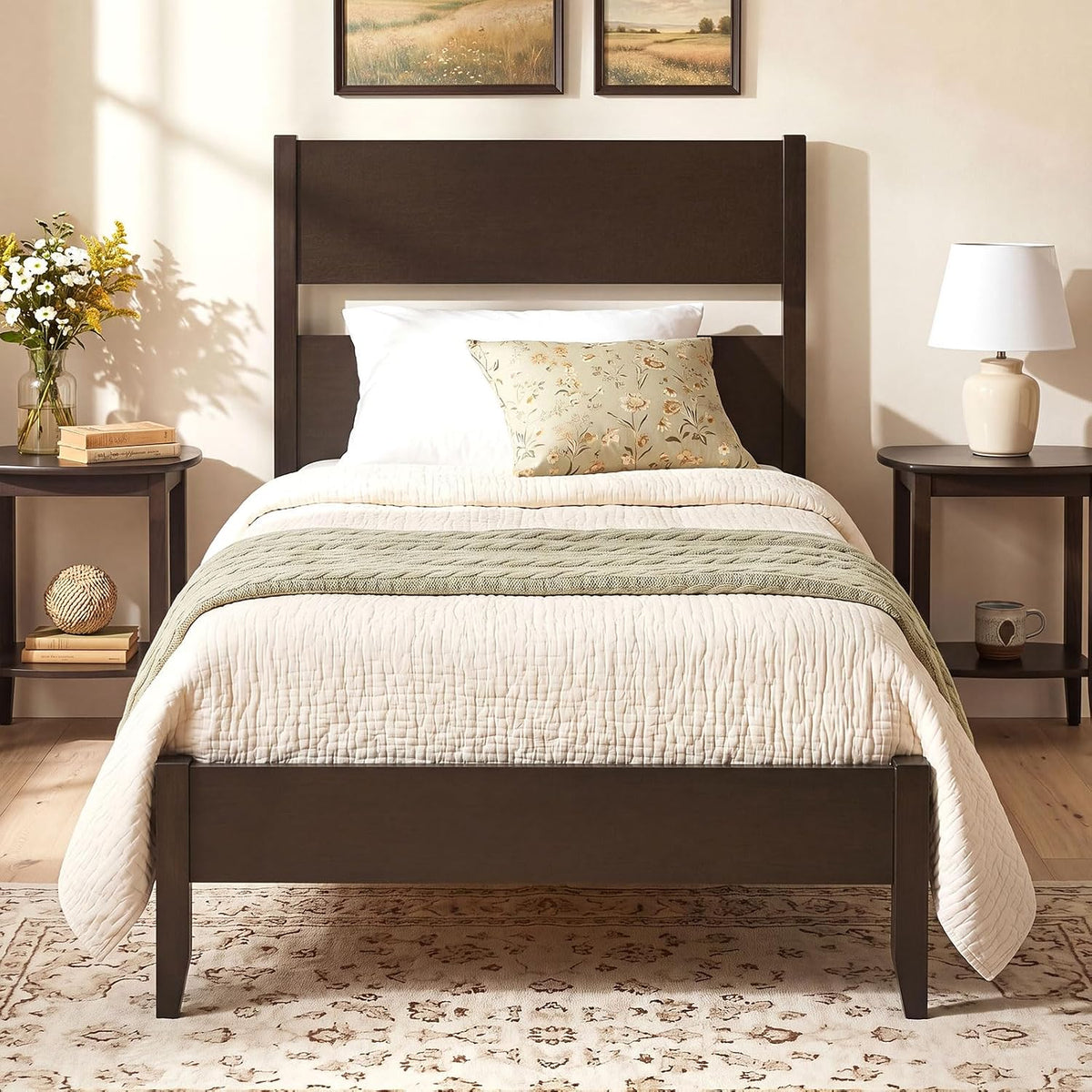 giantex twin size wooden bed frame with slatted, close-up detail
