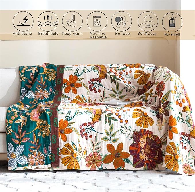 Fall Throw Blanket for Couch Bed Chair, 100% Cotton Muslin Breathable Woven - Image 3