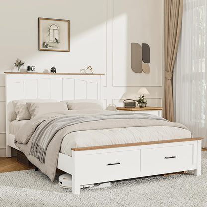 white full size wooden bed frame with built-in, main product view