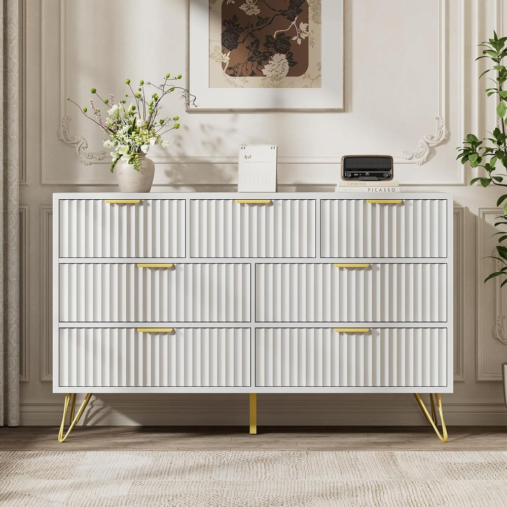 LYNSOM Fluted Dresser for Bedroom, White 7 Drawer Dresser with Gold Handles a...