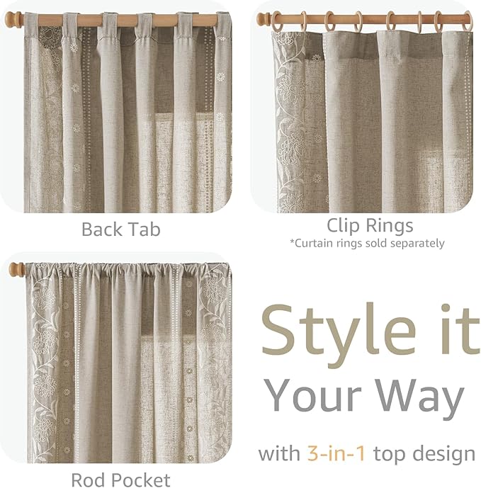 jinchan Winslow Linen Curtains for Bedroom 63 Inches Length Embroidered - Image 6