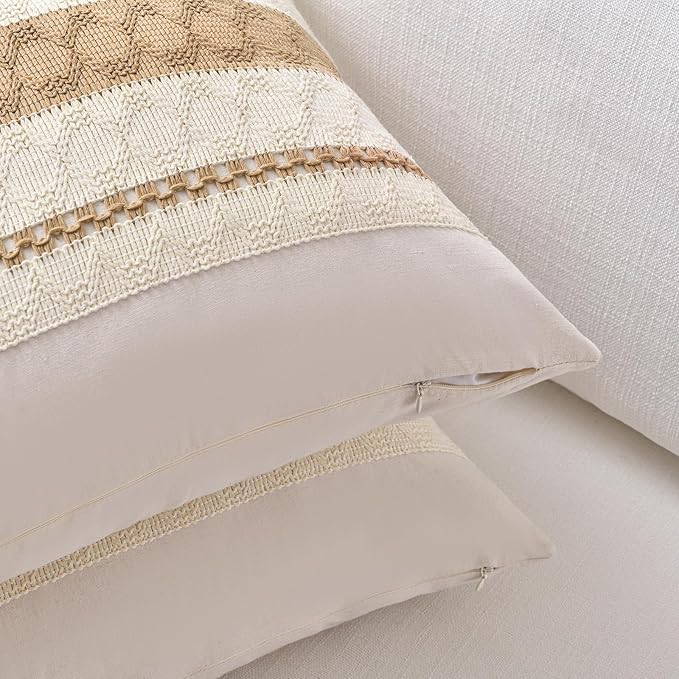 Fancy Homi Set of 2 Tan Neutral Decorative Throw Pillow Cover 18x18 Inch - Image 3