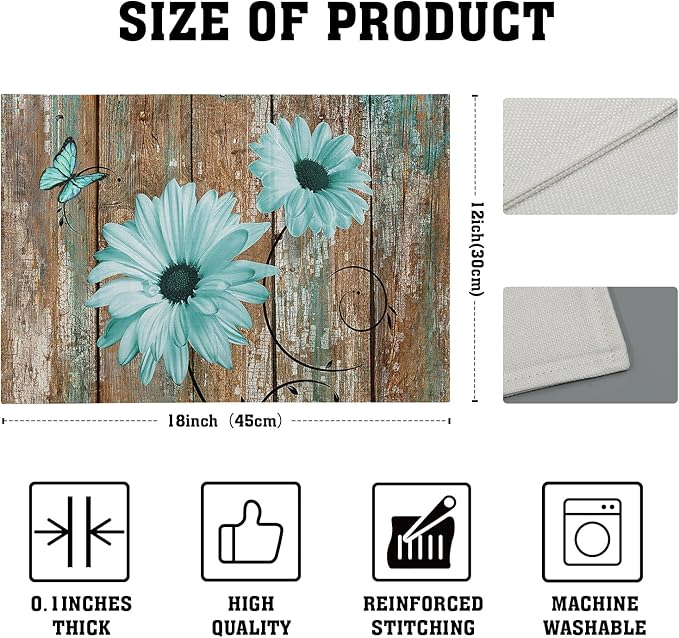 Giwawa Rustic Daisy Placemats Set of 4- Teal Sunflowers on Vintage Wood Board - Image 4