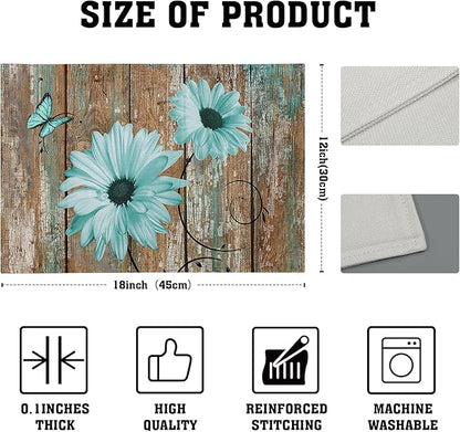 Giwawa Rustic Daisy Placemats Set of 4- Teal Sunflowers on Vintage Wood Board - Image 4