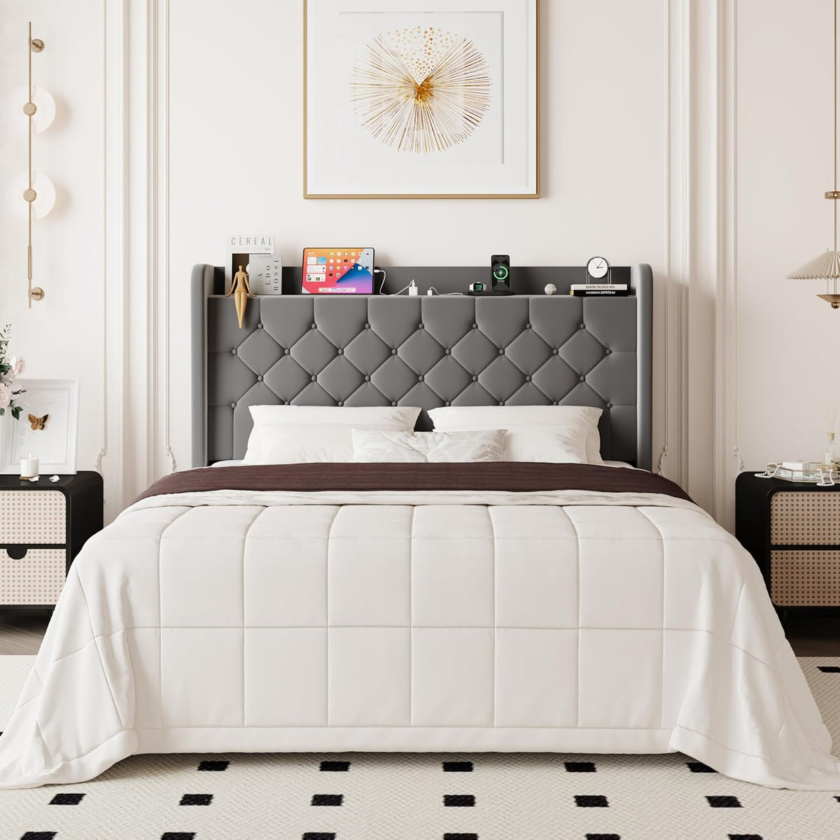 allewie queen bed frame, storage headboard & charging, main product view