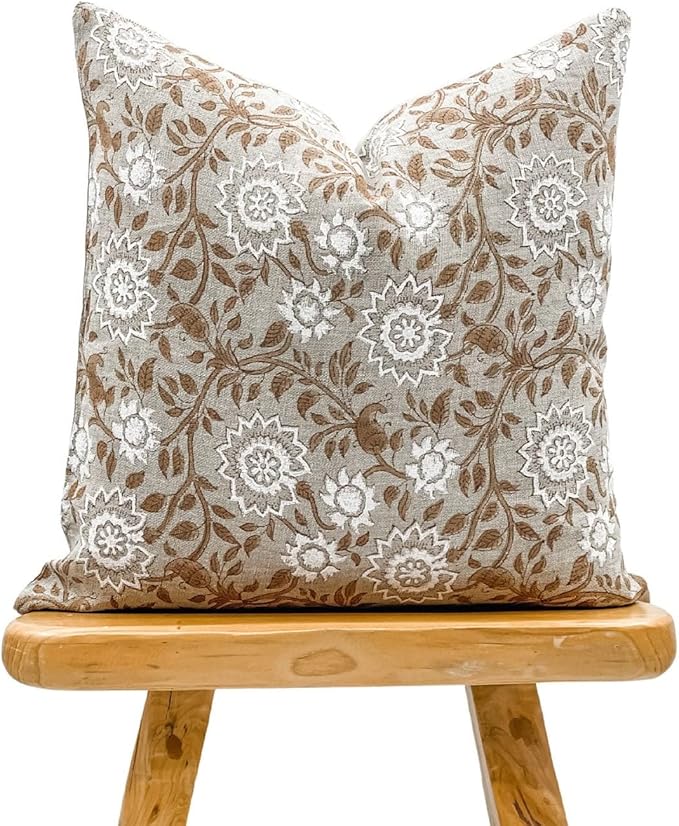 Designer Tan Beige Floral Design on Natural Linen Pillow Cover, Boho Décor by Krinto