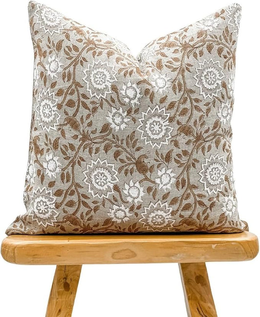Designer Floral Warm Beige Tan on Off White Linen Pillow Cover, Peachy Pillow by Krinto