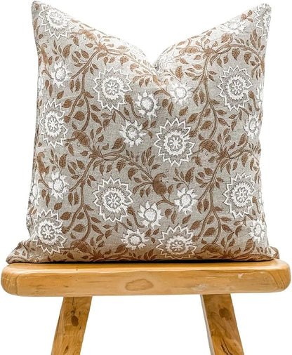 Designer Floral Warm Beige Tan on Off White Linen Pillow Cover, Peachy Pillow by Krinto