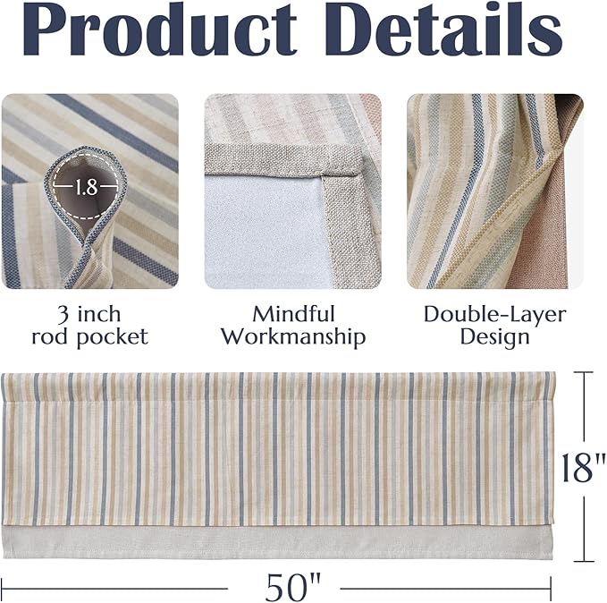 jinchan Colorful Striped Linen Double Layer Valance Pinstripe Rustic Cafe - Image 5