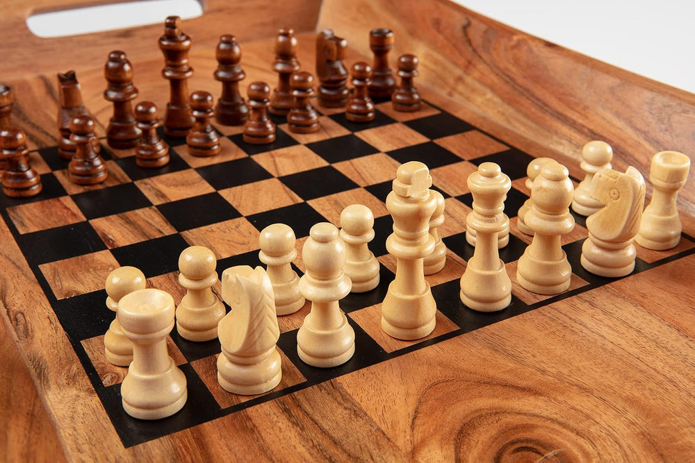 Wonder-ful Gifts Serving Tray with Chessboard - Chess and Checkers Pieces Inc...