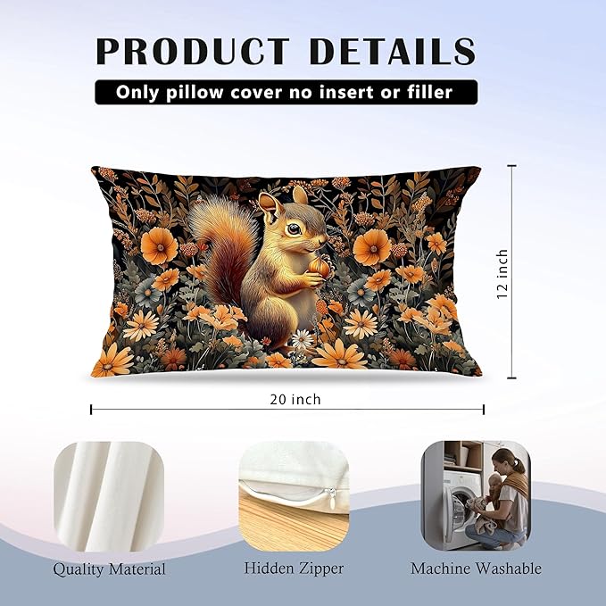 Rustic Fall Squirrel Floral Pillow Covers 12x20, Gifts - Image 6