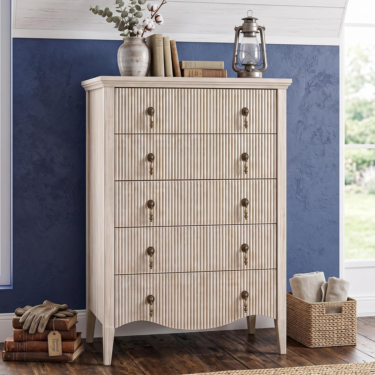 5-drawer 47" tall fluted dresser, vertical chest of shown in use