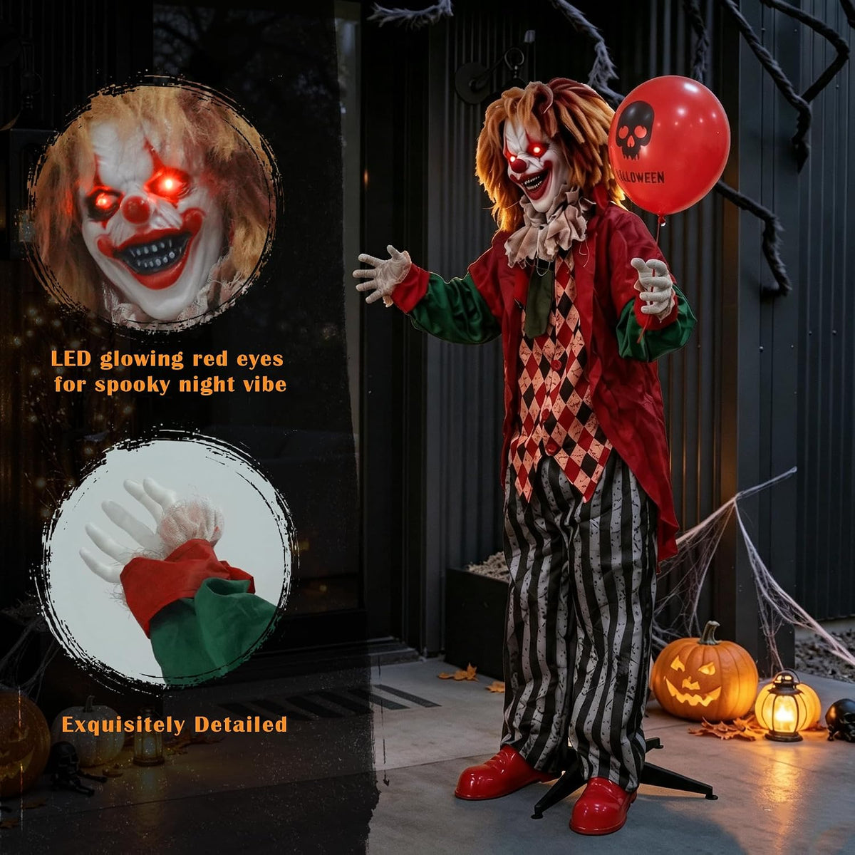 Hourleey 5.3FT Halloween Animatronics Clown Decorations, Sound Activated Standing Animated Clown with Lighted Eyes, Clown Holding Balloon for Indoor Outdoor Haunted House Party Prop Yard Decor