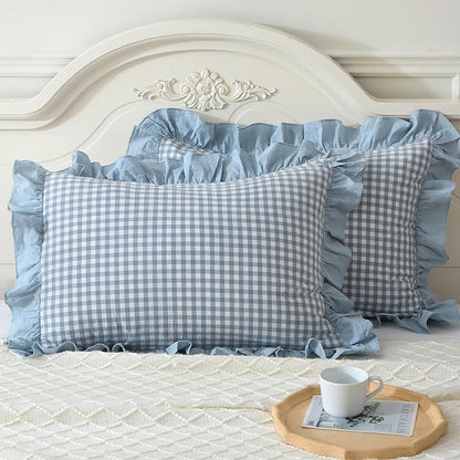 Blue Plaid Ruffle Pillow Shams Standard Size Set of 2, Shabby Checkered Washed - Image 2