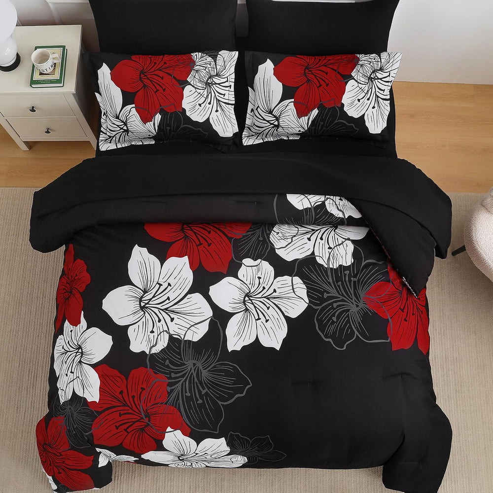 Luxudecor Red Black Comforter Set Queen Size, 7 Pieces Floral Bed in a Bag