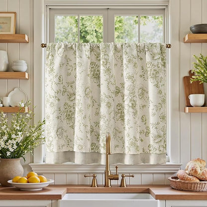 jinchan Linen Kitchen Curtain 36 Inch French Floral Double Layer Curtain by JINCHAN