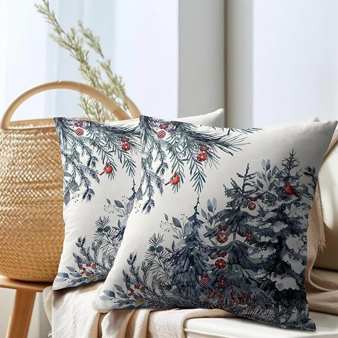 Christmas Tree Throw Pillow Covers 24x24 Inch Set of 2 Winter Watercolor Blue - Image 7
