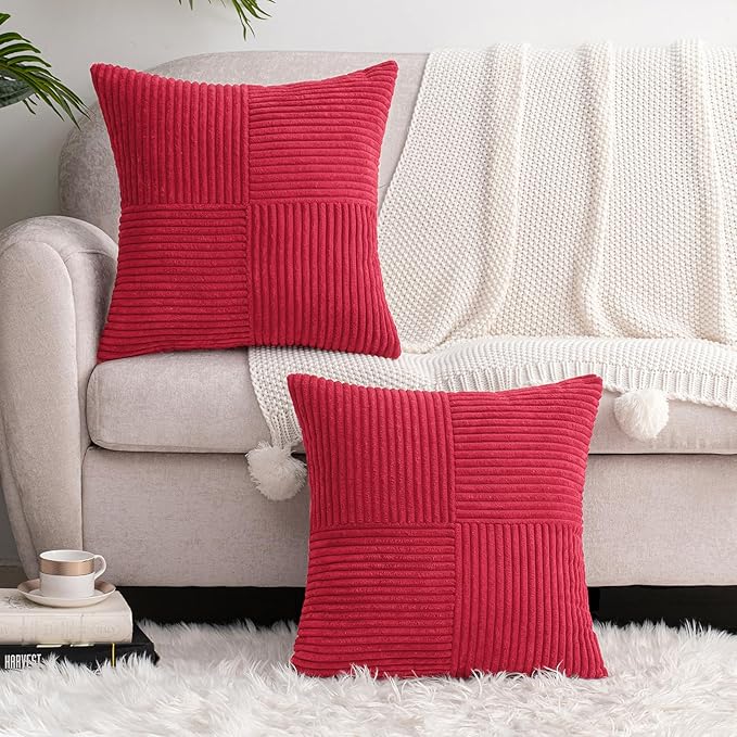 HWY 50 Red Corduroy Patchwork Throw Pillow Covers 18x18 Inch, Soft Cozy - Image 6