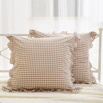 2 Pack Taupe White Plaid Ruffle Square Euro Pillow Shams, 100% Washed Cotton - Image 7
