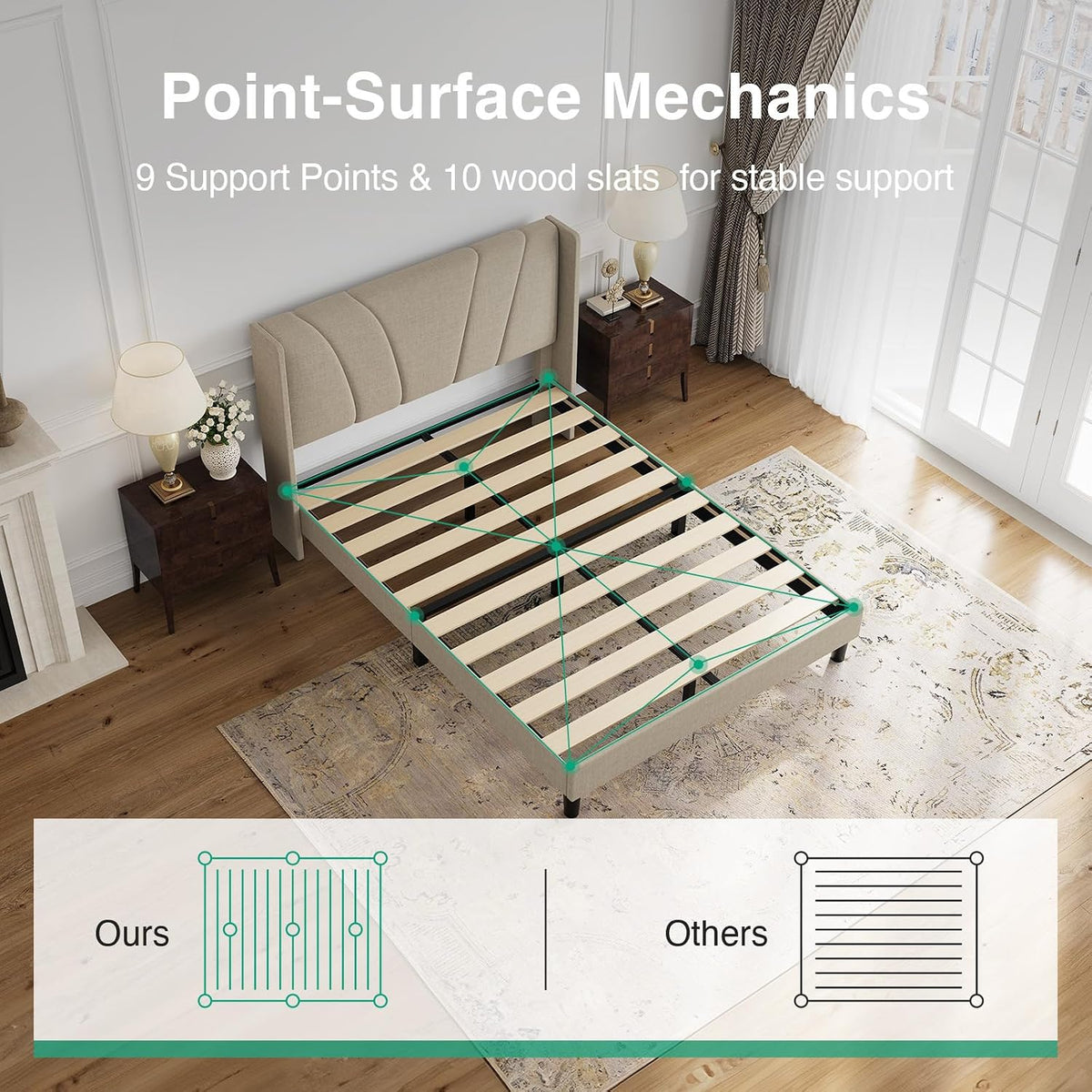 novilla queen size bed frame, queen bed frame, close-up detail