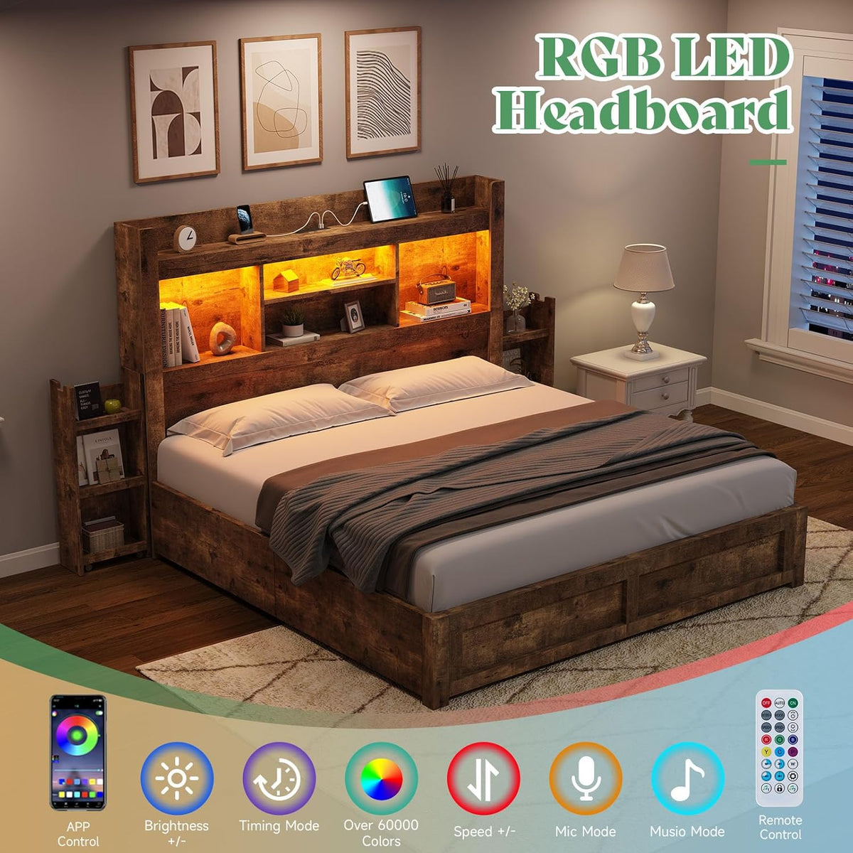 amerlife queen bed frame with bookcase headboard &, close-up detail