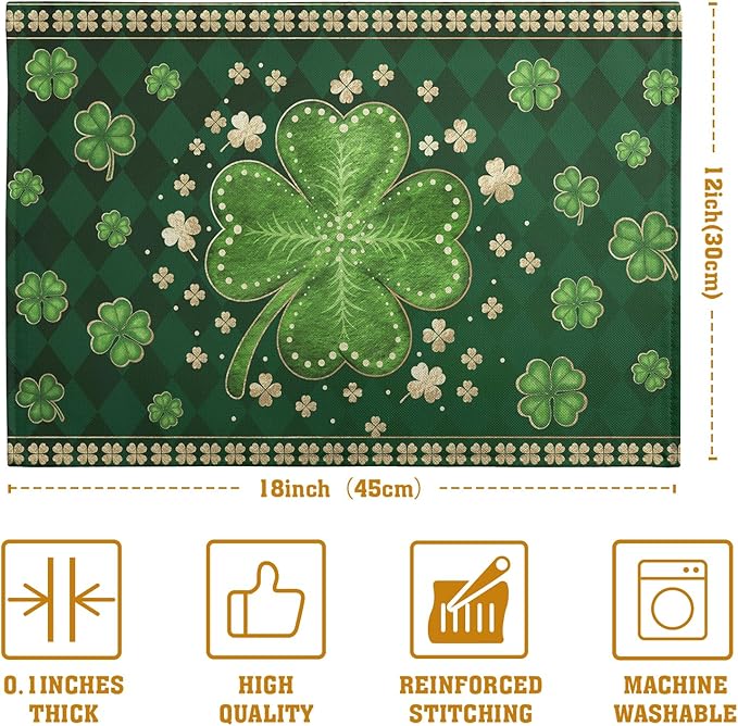 Green Shamrock St Patricks Day Placemats Set of 4 Lucky Clover Plaid Check - Image 4