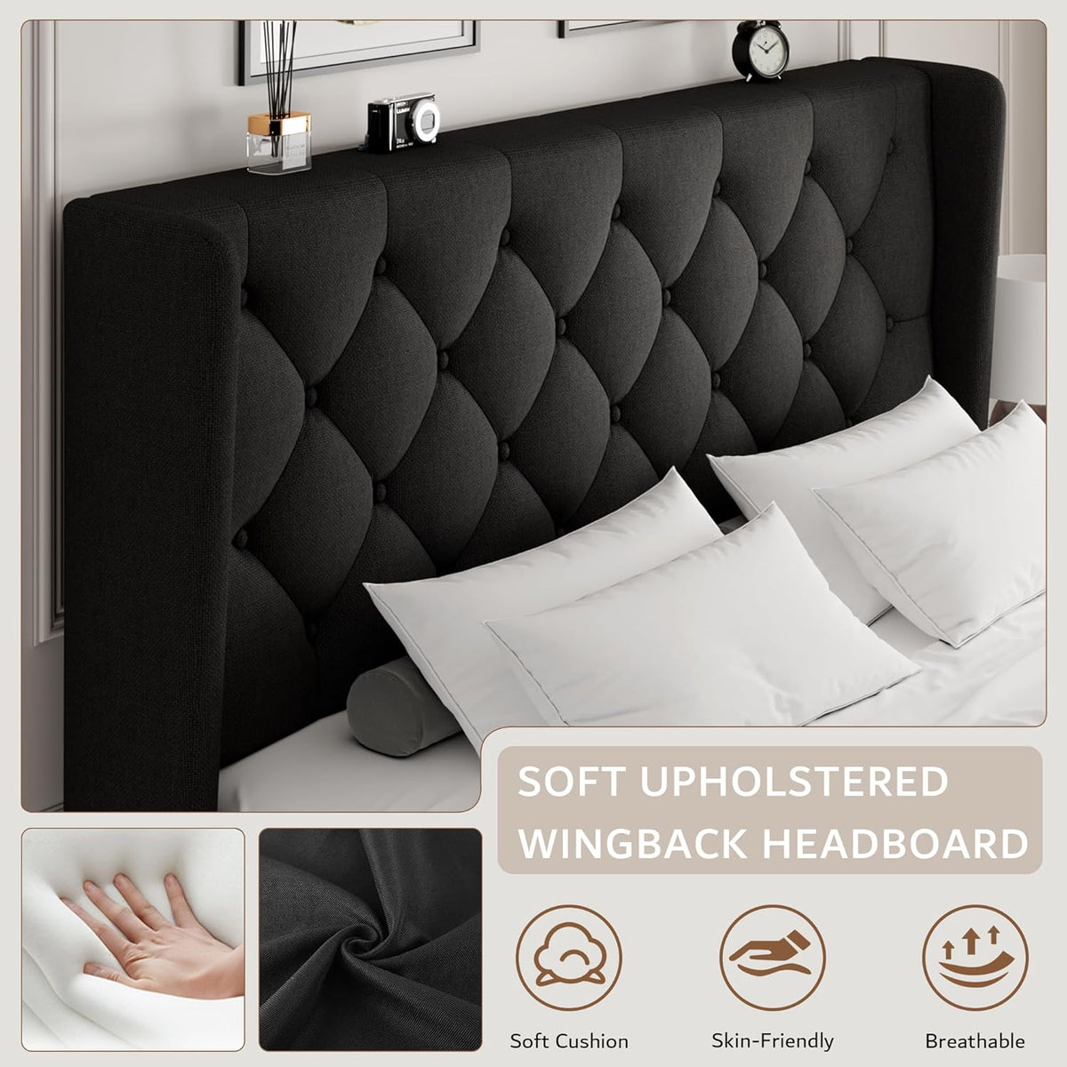 ipormis queen size platform bed frame with button, close-up detail