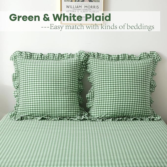 2 Pack Christmas Green White Plaid Ruffle Gingham Euro Pillow Shams, 100% - Image 2