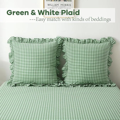 2 Pack Christmas Green White Plaid Ruffle Gingham Euro Pillow Shams, 100% - Image 2