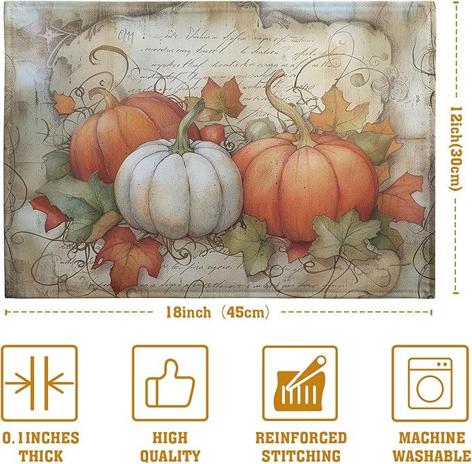 Fall Pumpkin Maple Leaf Placemats Set of 4, 12x18 Inch Vintage Autumn Harvest - Image 4