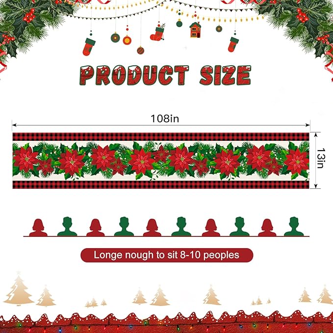 OTOSTAR Black and Red Buffalo Check Plaid Holly Christmas Flowers Table Runner - Image 5