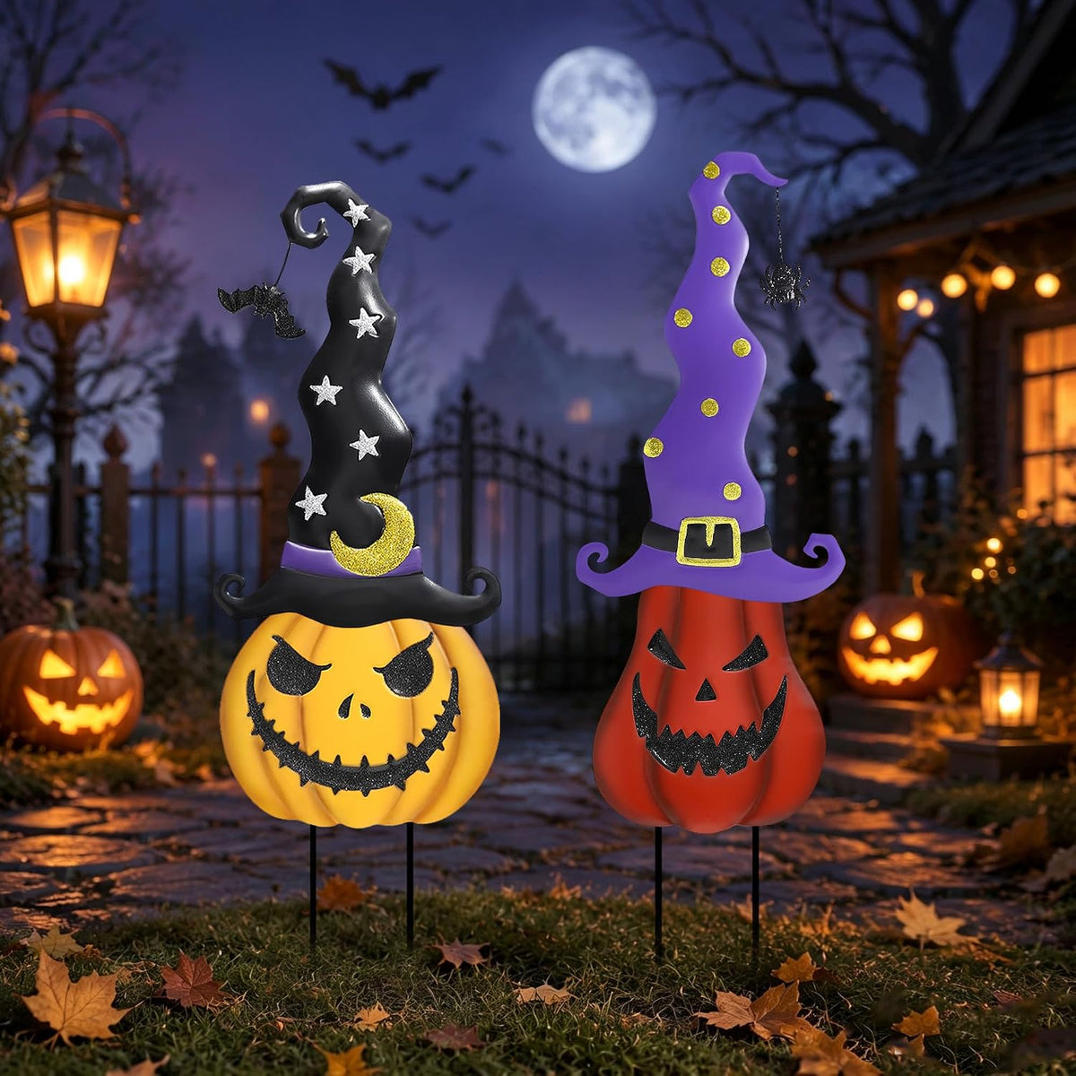 Halloween Garden Stakes - 2 Pack Stacked Metal Pumpkins with Witch Hat