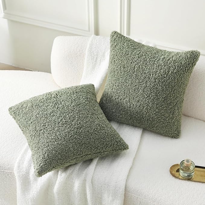 FUTEI Sage Green Throw Pillow Covers 24x24 Inch Set of 2, Furry Faux Fur Teddy - Image 5