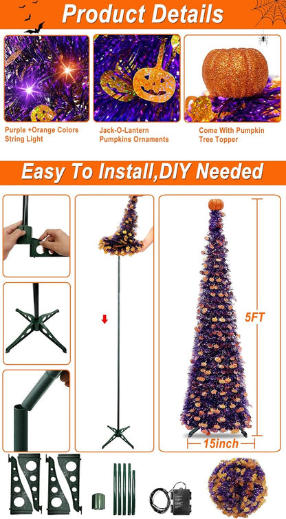 5 Ft Halloween Black Tree Orange & Purple Lights Halloween Decorations