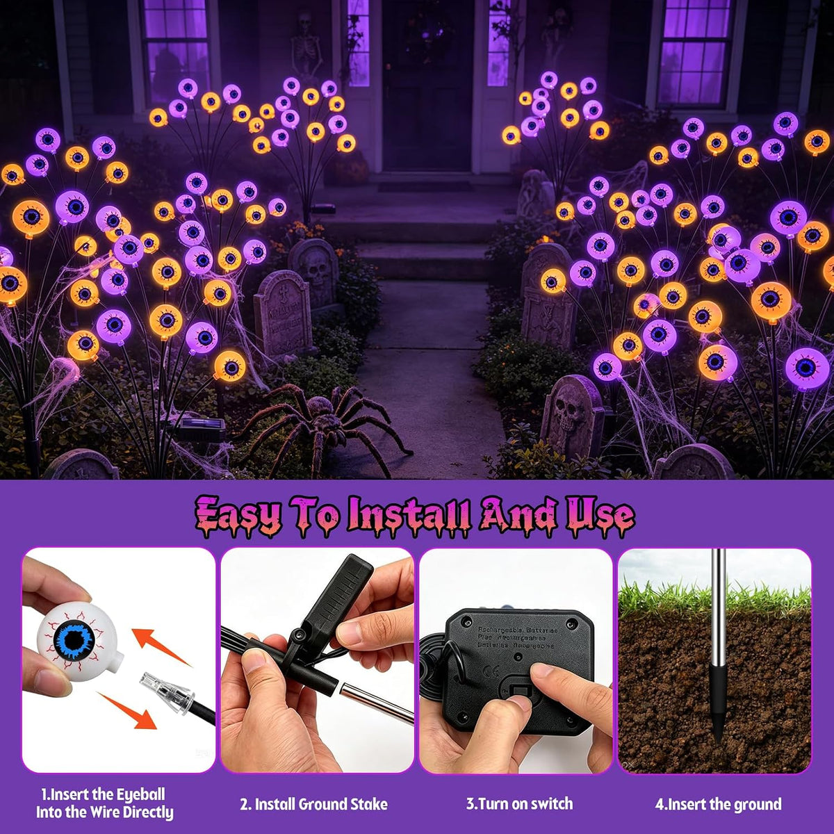 Halloween Decorations Outdoor, 4 Pack 24 LED Purple and Orange Solar Scary Eyeball Swaying Lights, Solar Firefly Light Waterproof Outdoor Lights for Halloween Yard Garden Party