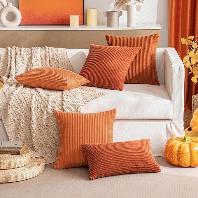 MIULEE Pack of 2 Rust Pillow Covers 12x20 Inch Soft Boho Striped Corduroy Throw - Image 8