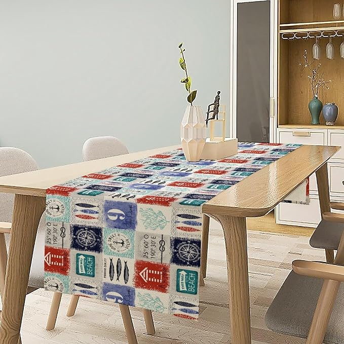 Vintage Nautical Patchwork Table Runner, Rudder Anchor Ocean Element - Image 2
