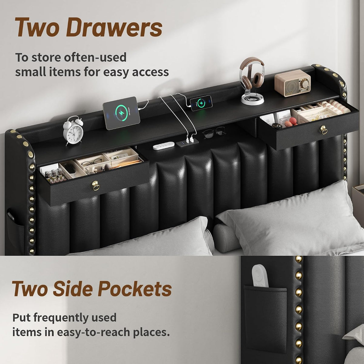 cypbed queen bed frame with 2-tier storage headboard, side view