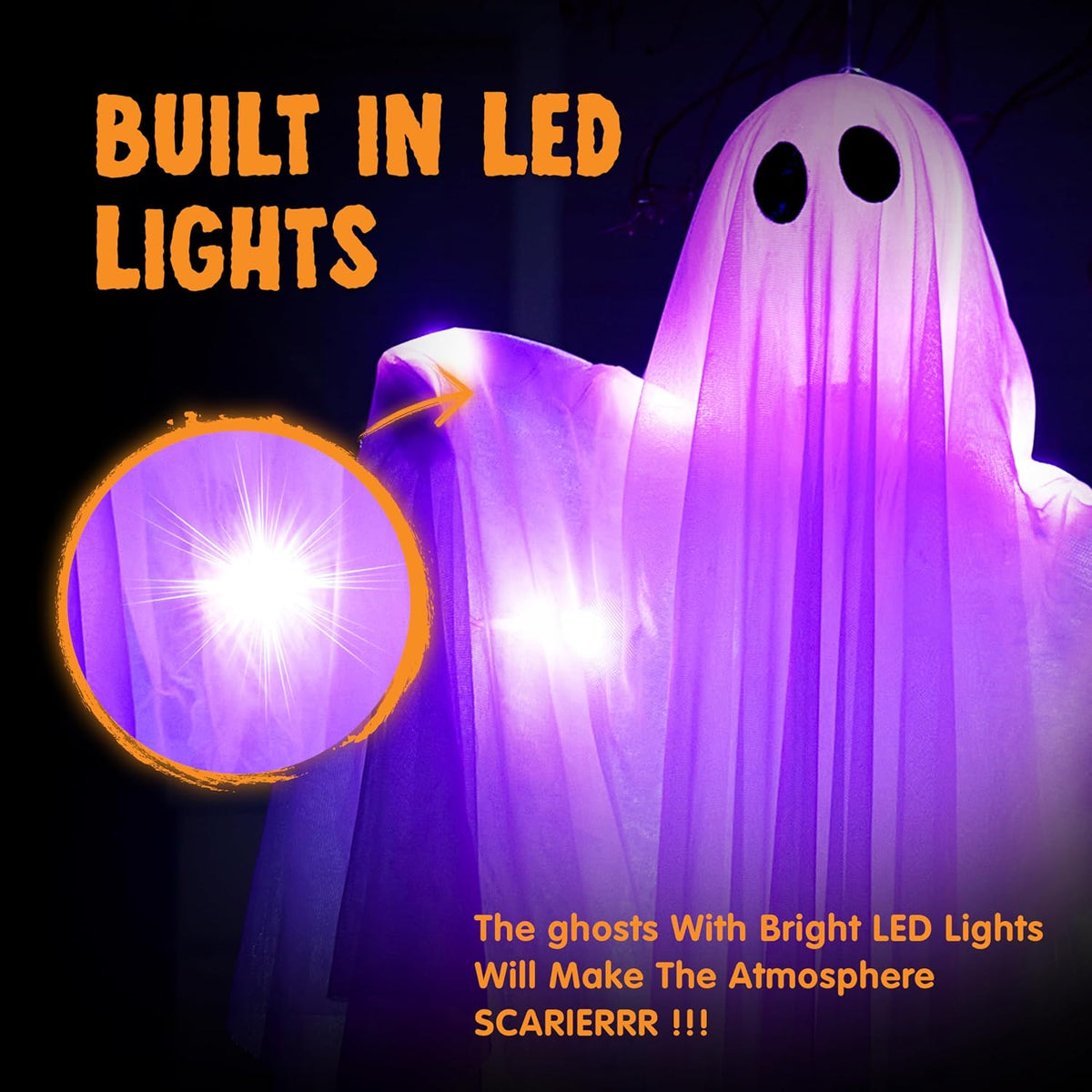 JOYIN 2 Pcs 47” Halloween Hanging Light up Ghost Decorations Outdoor, Halloween White Hanging Ghosts with Purple LED Lights for Haunted House Prop, Party Supplies, Front Yard Patio Garden Decor