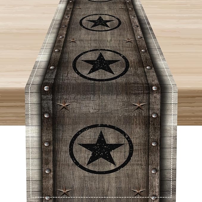 Western Table Runner, Rustic Texas Star Wooden Plank Farmhouse Cottage Country by Unknown
