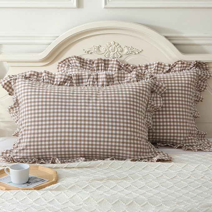 Taupe/White Plaid Ruffle Pillowcases Farmhouse Standard Size Pillow Shams - Image 3