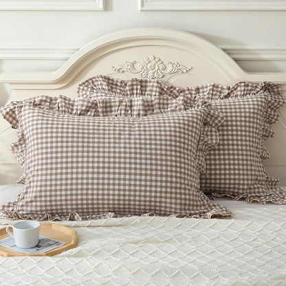 Taupe/White Plaid Ruffle Pillowcases Farmhouse Standard Size Pillow Shams - Image 3