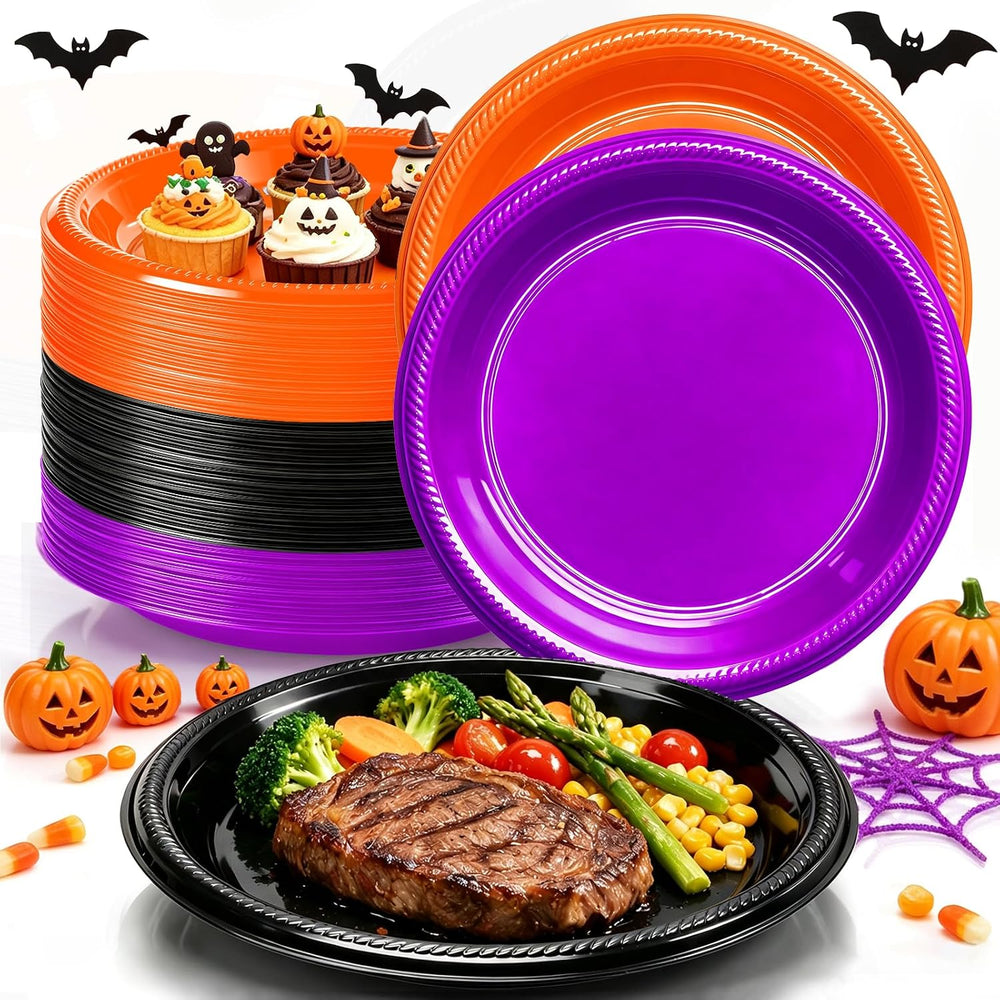 100 Count 10 Inch Halloween Plastic Plates Colored Party Disposable Plates