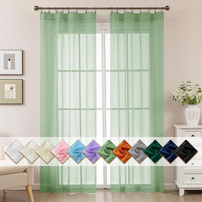 Sage Green Sheer Curtains 84 Inches Long, Privacy Semi Sheer Curtains by ABLUEN
