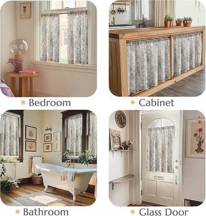 jinchan Floral Linen Tier Curtains 45 Inch Farmhouse Botanic Cafe Drapes - Image 3